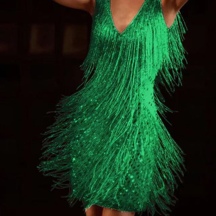 Sparkling Sequin Dress with Fringes – Celina-Green-S-The Livary