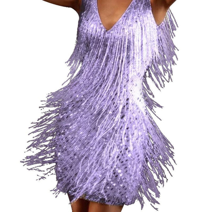 Sparkling Sequin Dress with Fringes – Celina-Purple-S-The Livary