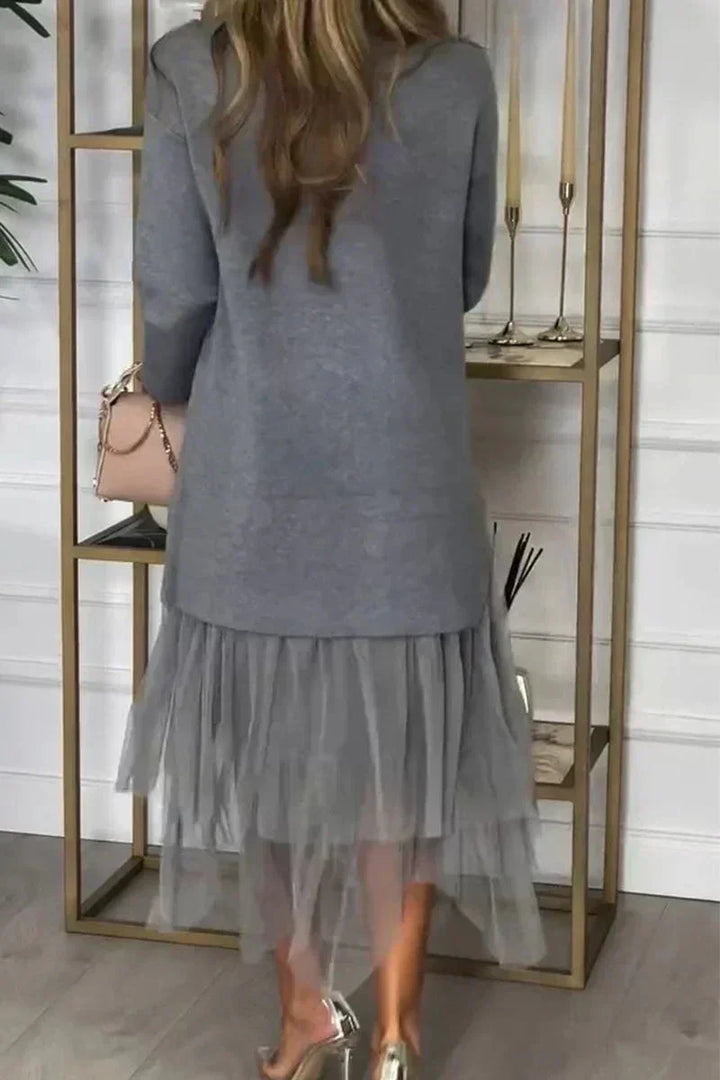 Casual Dress With Long Sleeves And Mesh Skirt – Ysolde