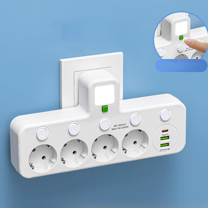 White wall-mounted power strip with four outlets, individual lit switches, Type-C and two USB ports, and a night light, with an inset of a finger pressing the b 22