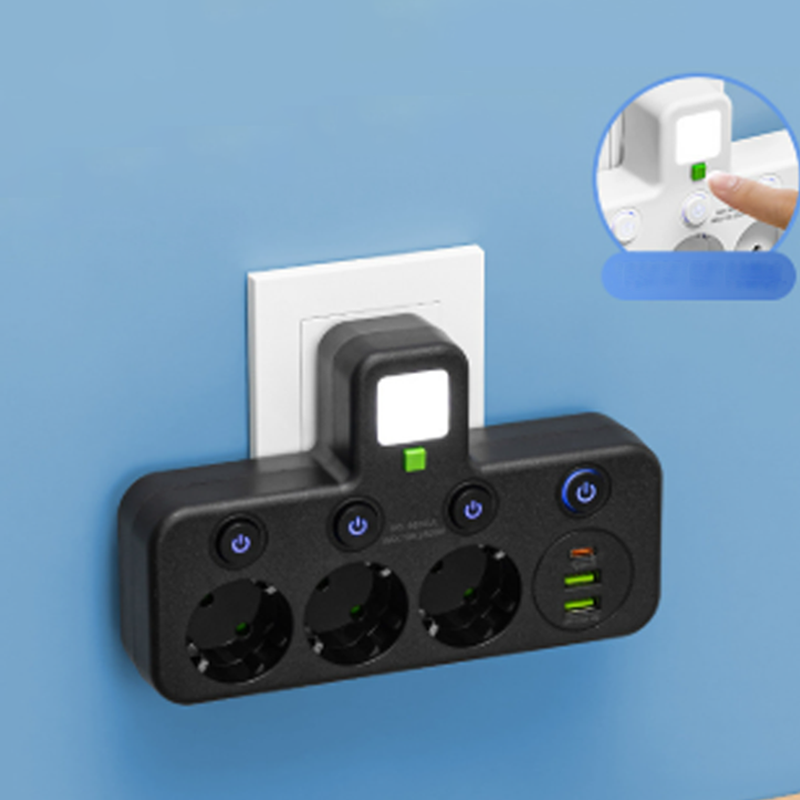 Black wall-mounted power strip with three outlets, four switches, Type-C and two USB ports, and a glowing night light, with an inset showing a finger pressing t 25