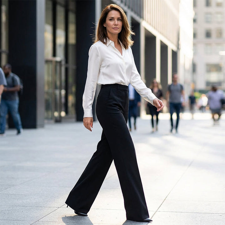 Black dress pants on a woman walking down a city sidewalk.