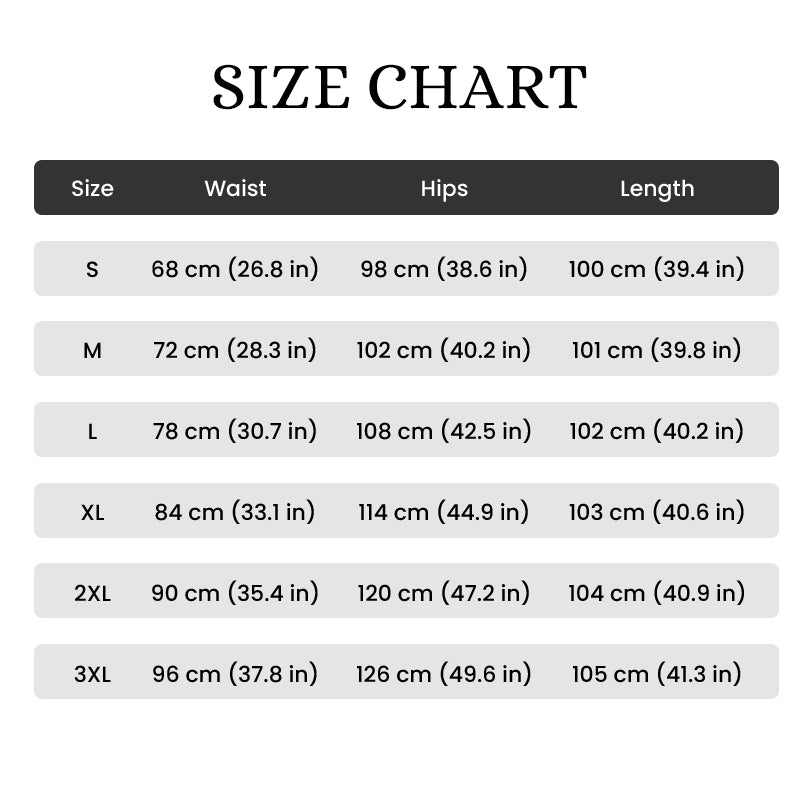 Size chart table listing waist, hip and length measurements in centimeters and inches for sizes S through 3XL. 16