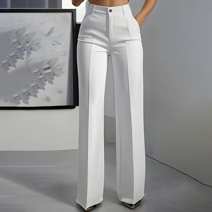 White high-waist straight-leg pants shown from the front with a center crease and button waist.