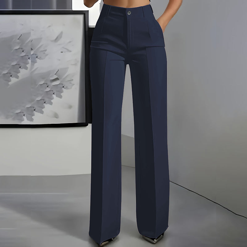 Navy blue high-waist straight-leg pants shown from the front with a center crease.