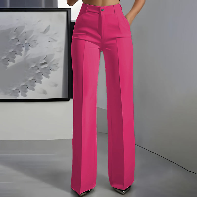 Hot pink high-waist straight-leg pants shown from the front with a center crease and button waistband.