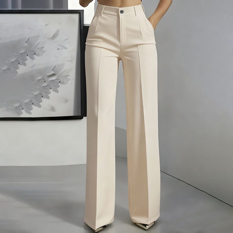 Cream beige high-waist straight-leg pants shown from the front with a button waistband and center crease.
