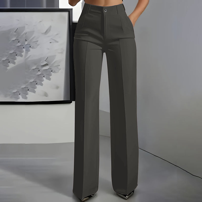 Dark gray high-waist straight-leg pants shown from the front with a button waist and crisp center crease.