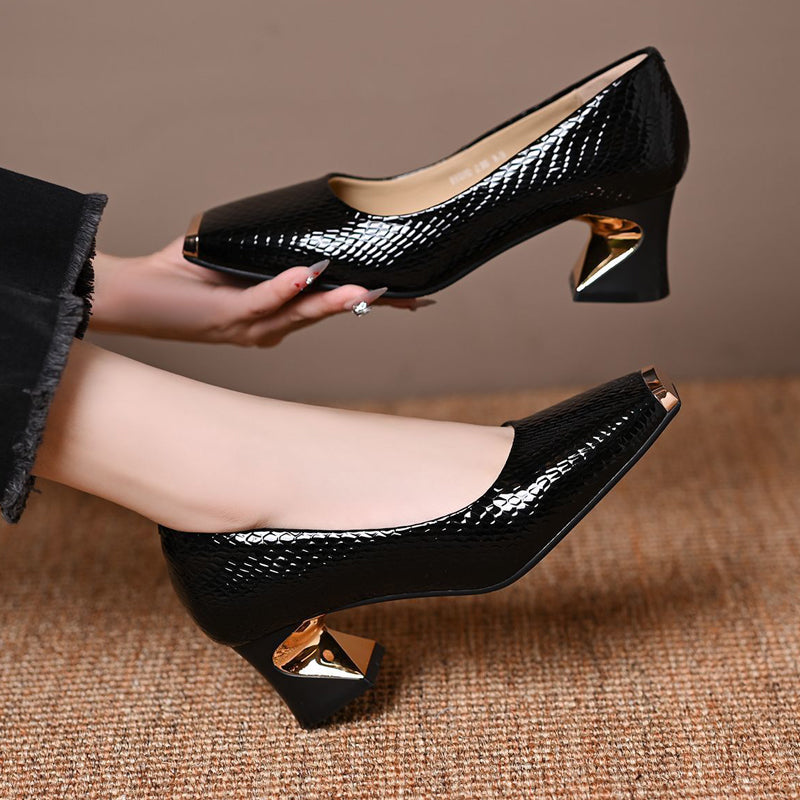 Black pair shown from two angles: one pump held up to show the beige lining and heel, the other worn on the foot. 5