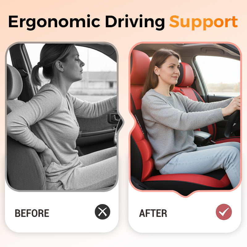 Before-and-after of a woman driving on a red and black seat cover, detail.