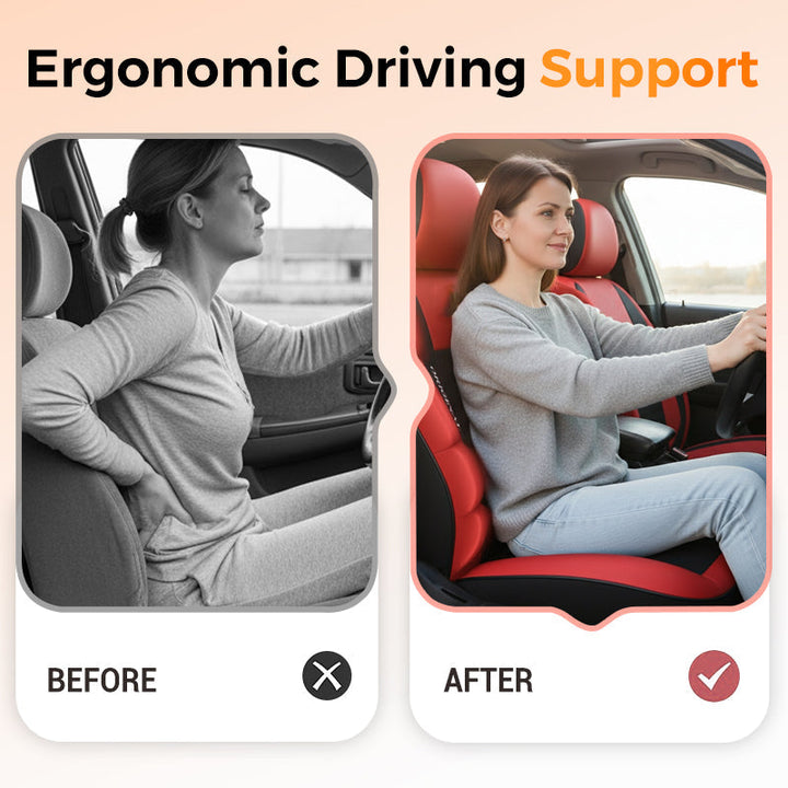 Before-and-after of a woman driving on a red and black seat cover, detail.