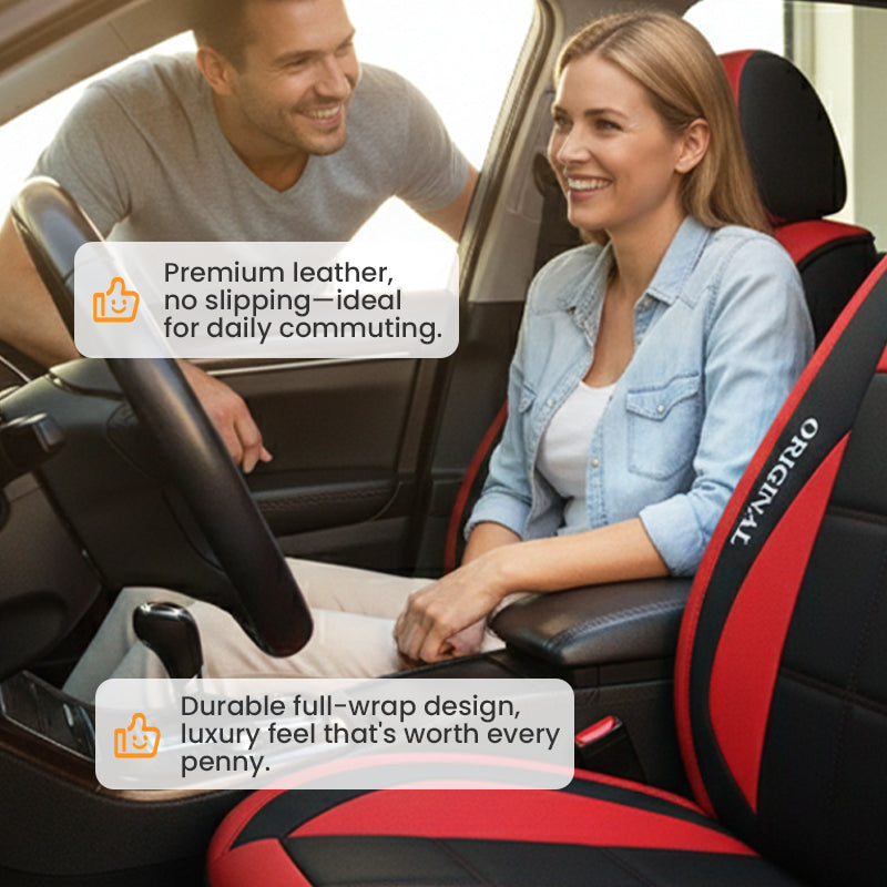 Red and black seat cover in a car interior, another view.