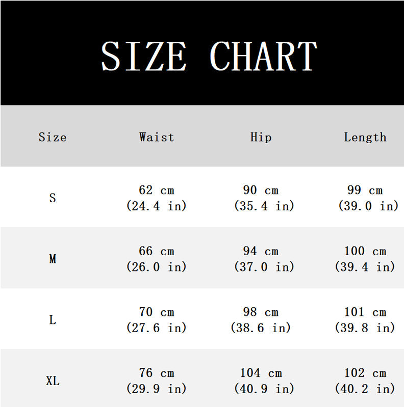 Size chart listing waist, hip and length measurements in centimeters and inches for sizes S through XL.