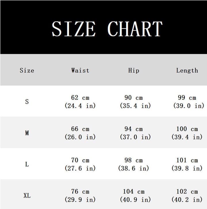 Size chart listing waist, hip and length measurements in centimeters and inches for sizes S through XL.