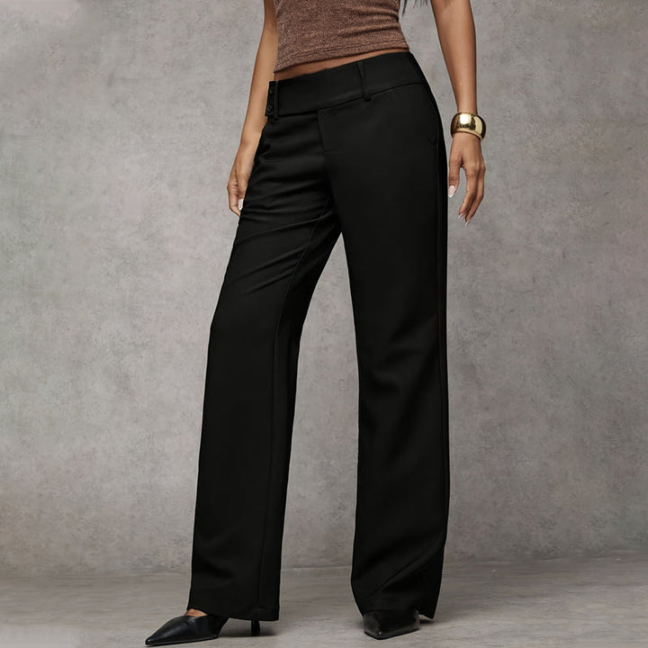 Black wide-leg pants with a wide waistband and two buttons, another view.