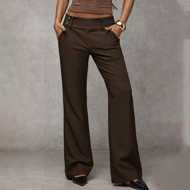 Dark chocolate brown wide-leg pants with two waistband buttons, another view.