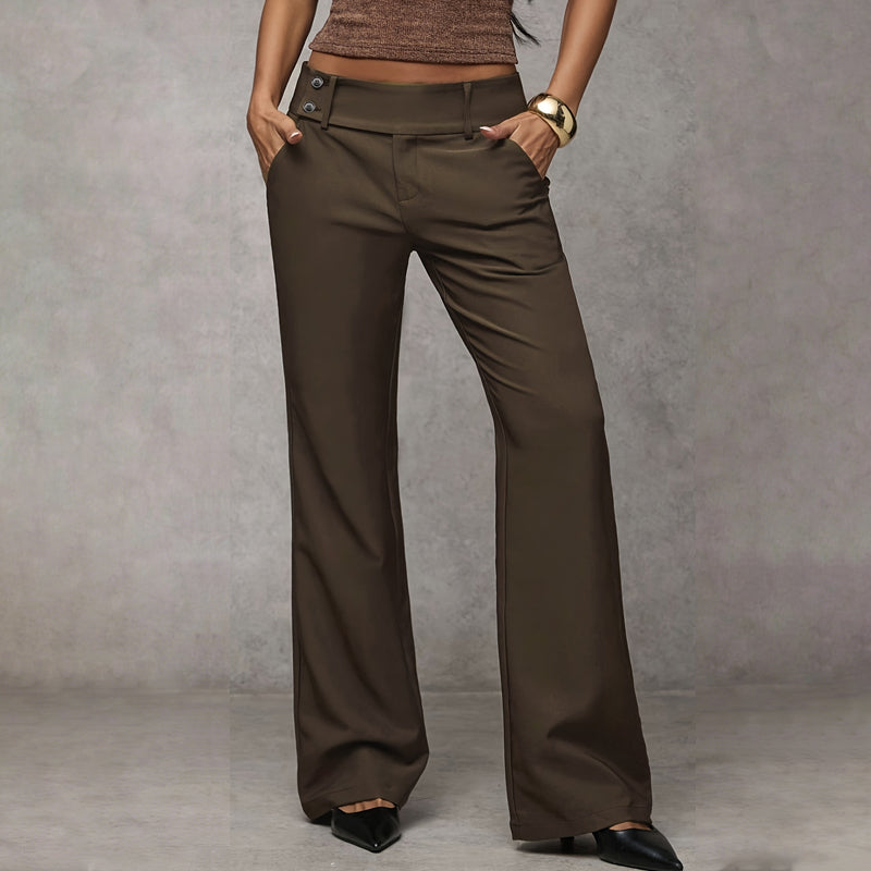 Olive-brown wide-leg pants with a wide waistband and side buttons, another view.