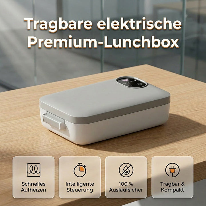 Closed gray and white electric lunch box with a digital control panel on the lid, sitting on a wooden table.