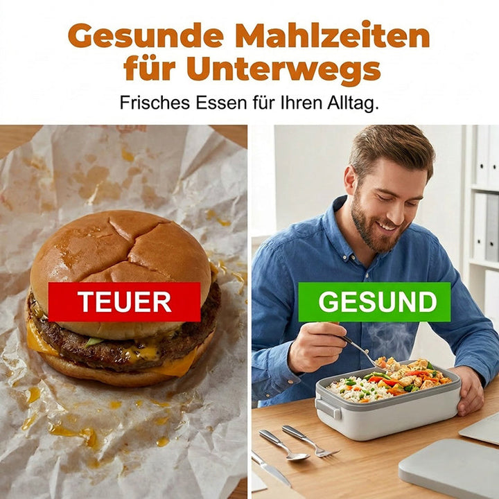 Split comparison of a greasy fast-food burger on paper and a smiling man eating a rice and chicken meal from the lunch box.