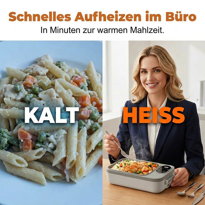 Split comparison of cold pasta on a plate and a smiling woman at an office desk eating from the heated lunch box.