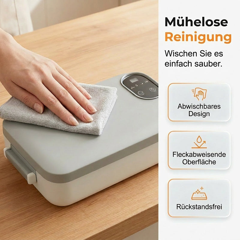 Hand wiping the gray lid and digital display of the lunch box with a gray cloth on a wooden surface.