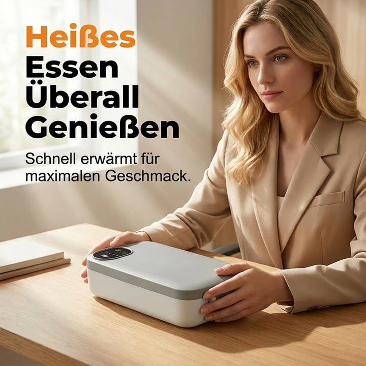 Woman in a beige blazer sits at a wooden desk with both hands resting on the closed lunch box.