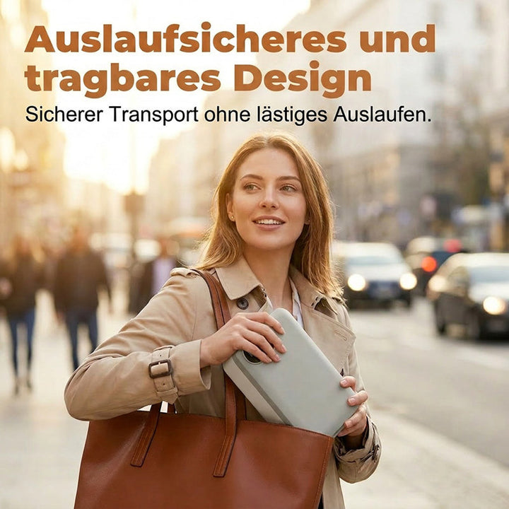 Woman in a trench coat on a city street slides the lunch box into a brown leather tote bag.