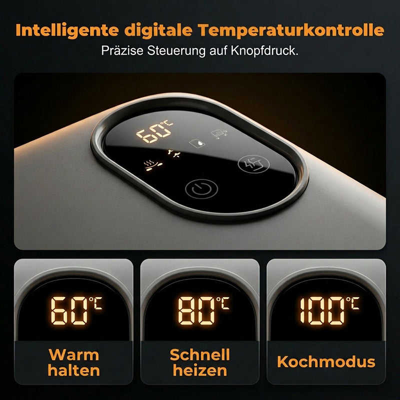 Close-up of the lid's touch display with power button and three screens showing 60, 80 and 100 degree temperature settings.