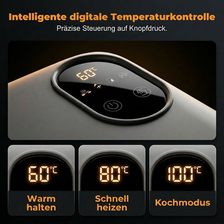 Close-up of the lid's touch display with power button and three screens showing 60, 80 and 100 degree temperature settings.