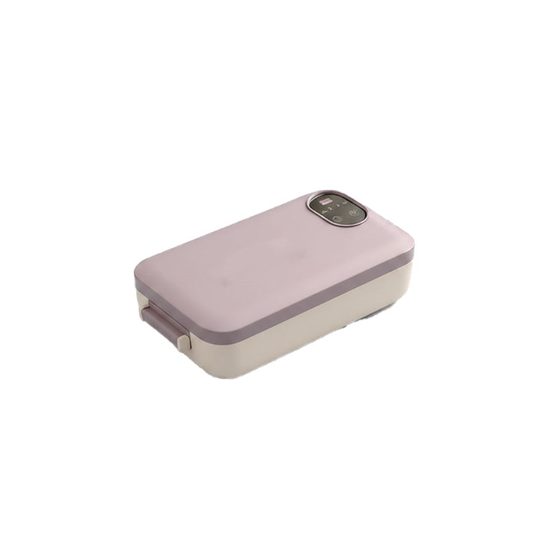 Soft purple lunch box with a cream body, angled view on a white background, with latch and control panel visible.