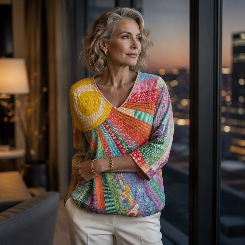 Model with wavy gray hair wearing the pastel patchwork blouse with white pants, standing by a window at dusk. 7