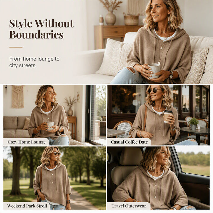 Women's beige hooded sweater shown in a lifestyle collage at home, at a café, on a walk and in a car.