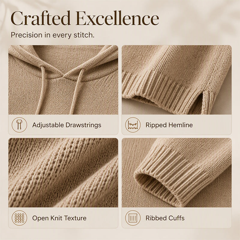 Women's beige hooded knit sweater detail with drawstring hood, ribbed hem, open knit texture and ribbed cuff.
