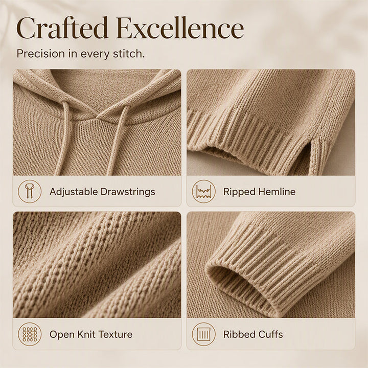Women's beige hooded knit sweater detail with drawstring hood, ribbed hem, open knit texture and ribbed cuff.