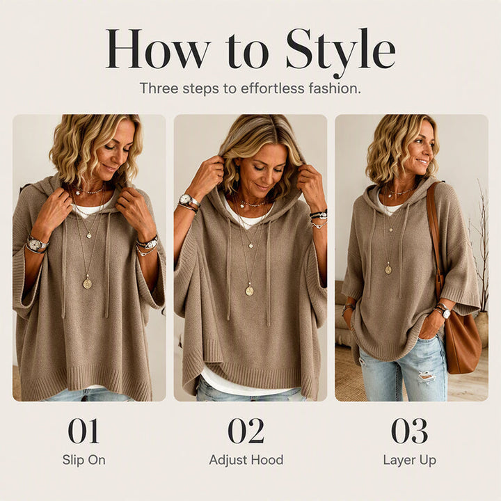 Women's beige hooded sweater styling sequence with the hood and a bag.