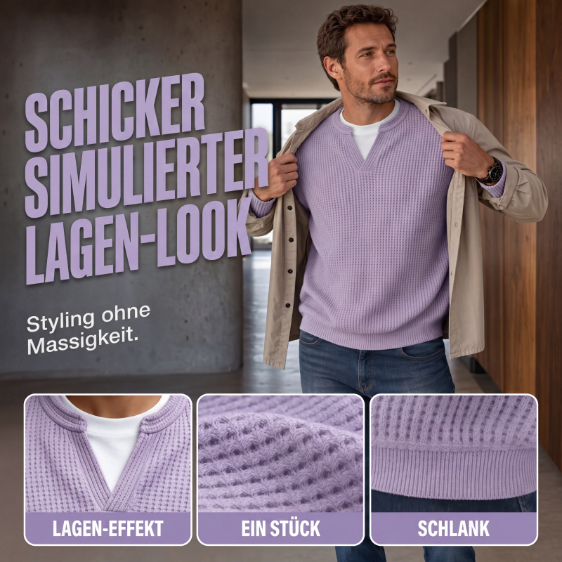 Model opening a tan shirt jacket to show the lavender top, with three close-ups of the neckline, knit and hem 4