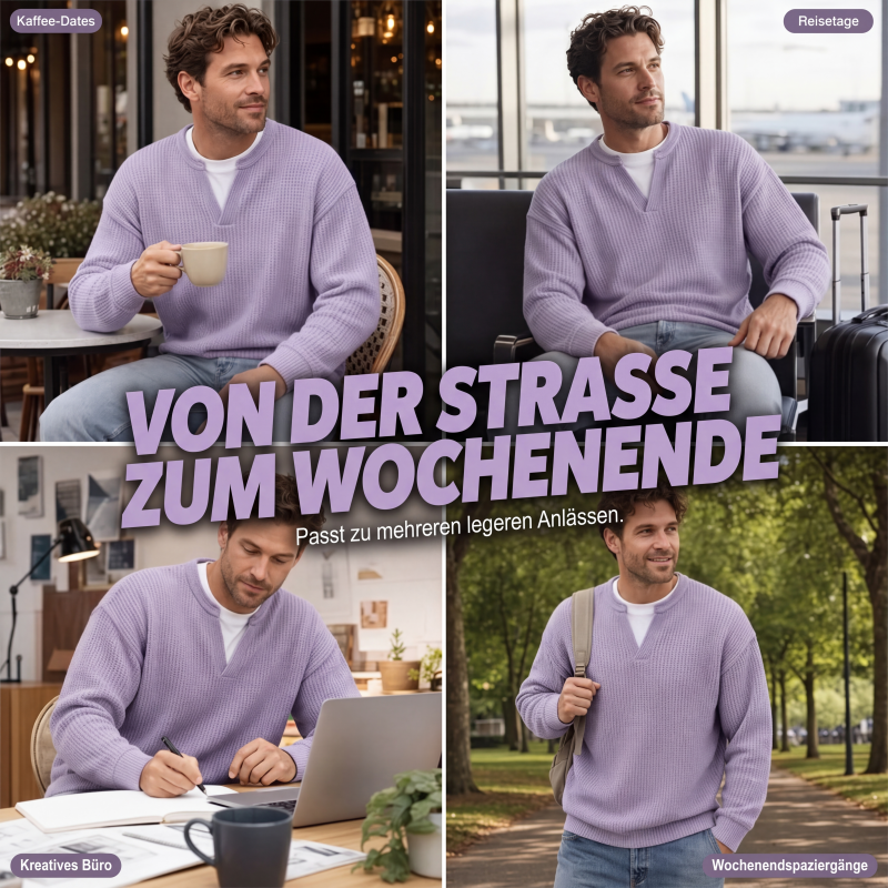 Four-panel collage of the lavender top worn at a cafe, an airport, a desk and a park 7