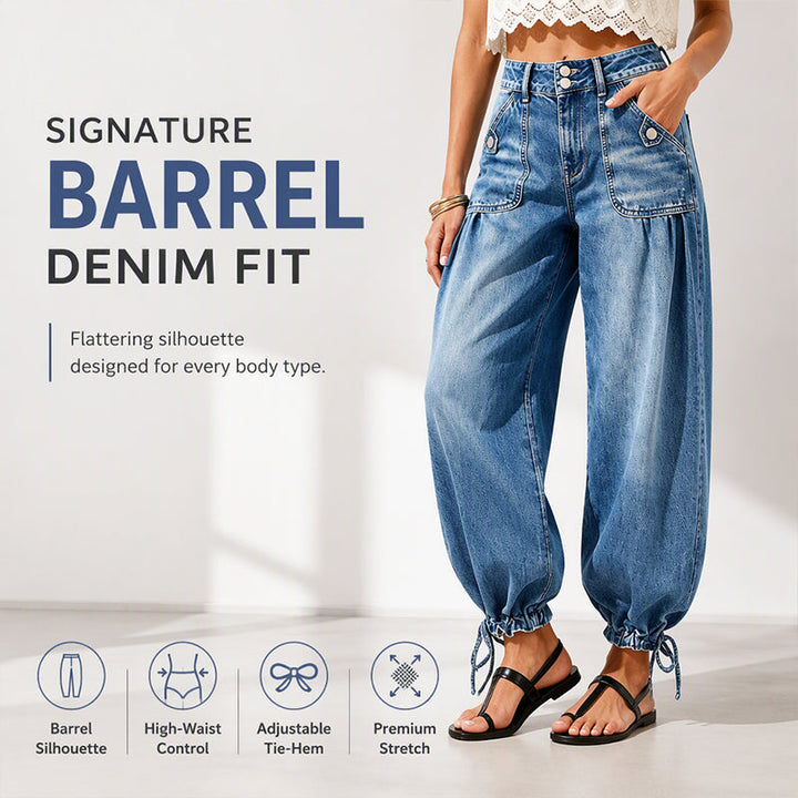 Women's high-waist stretch barrel jeans in medium-wash blue with flap pockets and tied hems.