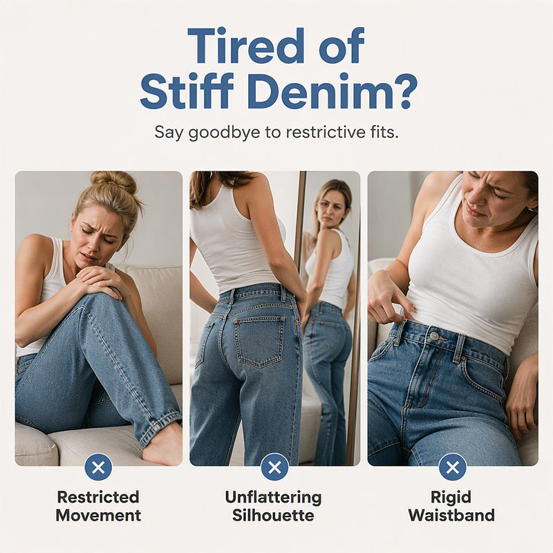 Three-panel collage of women looking uncomfortable in stiff straight-leg jeans, showing restricted movement, an unflattering fit and a tight waistband. 3
