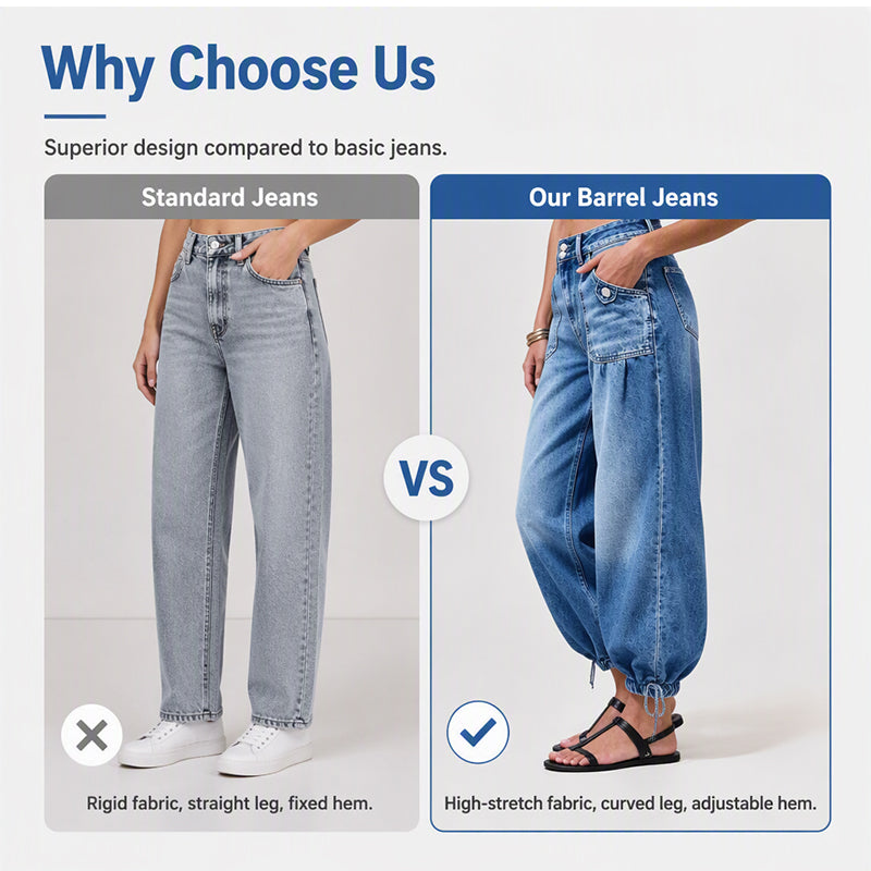 Women's blue barrel jeans with curved legs and tie hems.
