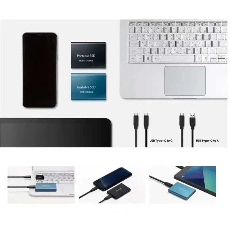 Flat lay of black and blue drives beside a phone, laptop and tablet with two cable types 3