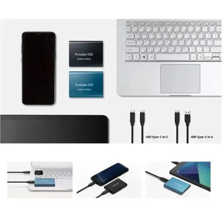 Flat lay of black and blue drives beside a phone, laptop and tablet with two cable types 3