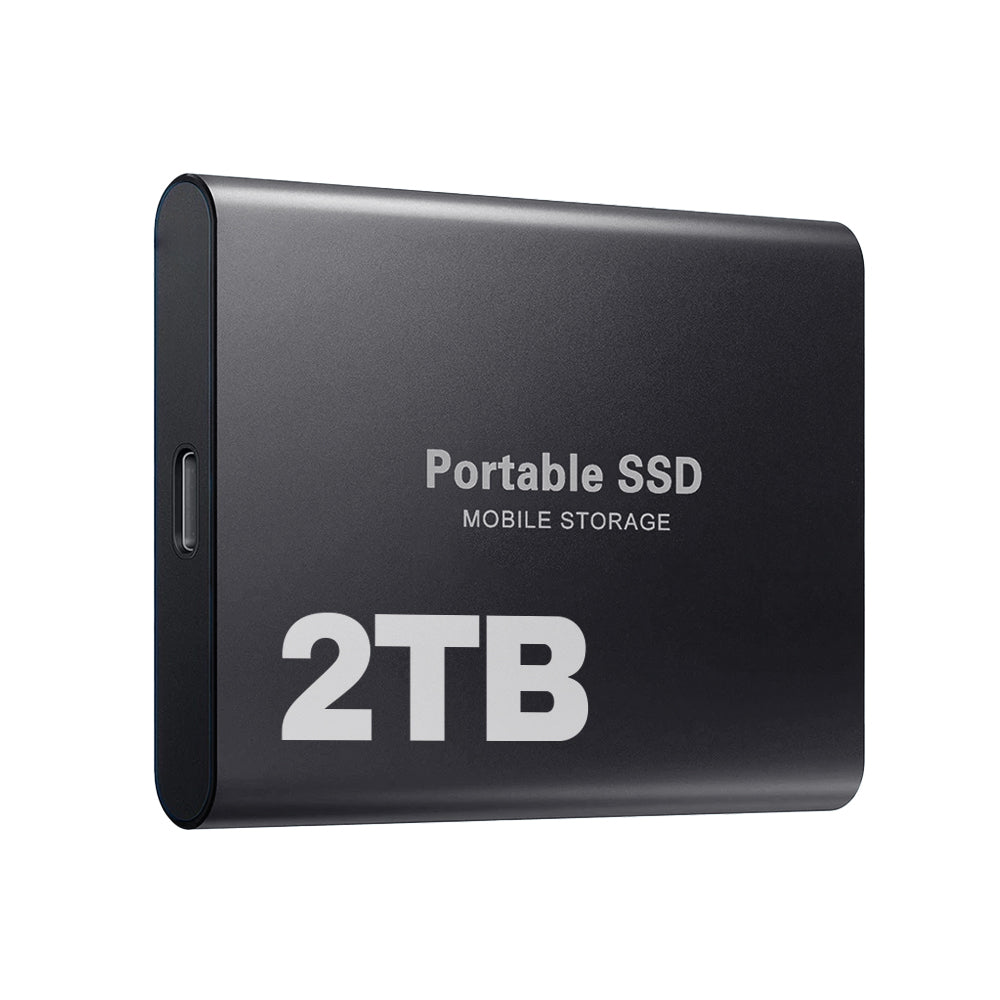 Black external drive seen at an angle, with the USB-C port on its short edge 6