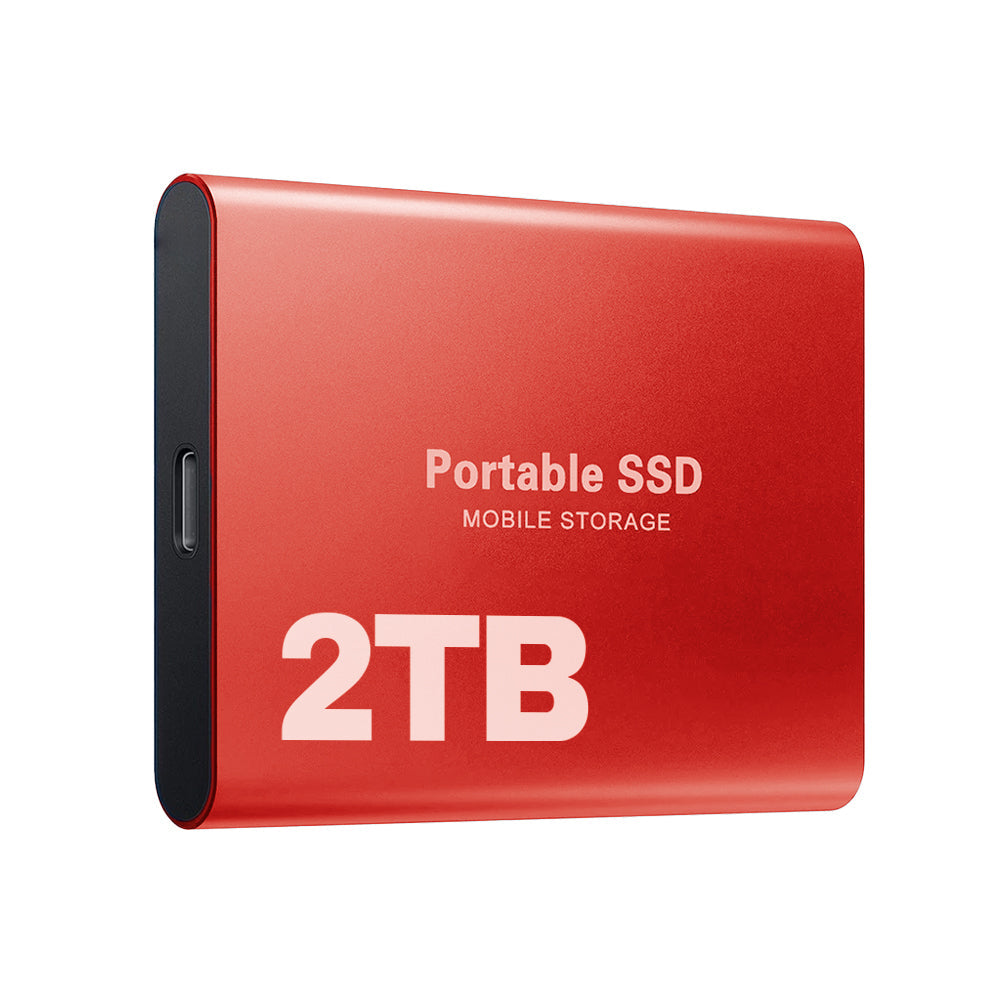 Red external drive seen at an angle, with the USB-C port on its short edge 8
