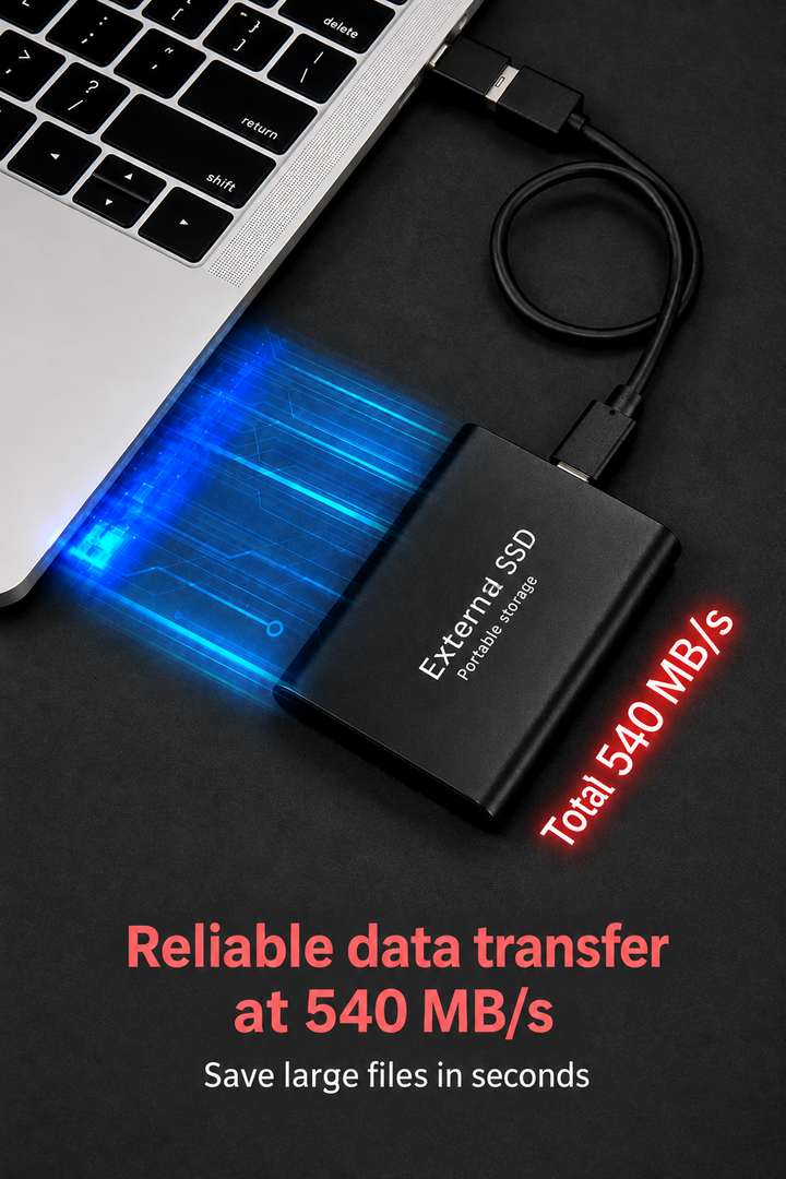 Black portable drive connected by a coiled cable to a laptop on a dark desk, with blue light streaks suggesting fast transfer. 2