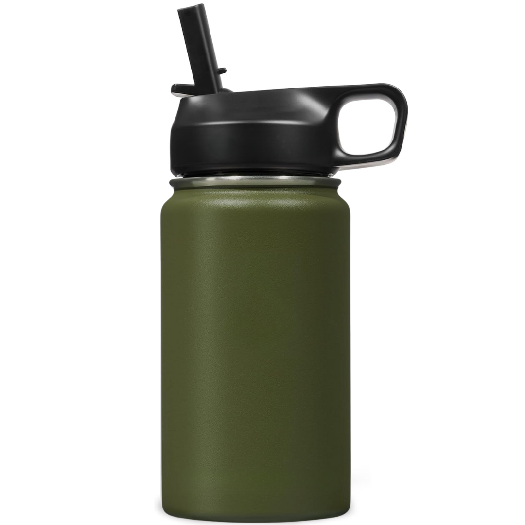 Stainless Steel Insulated Water Bottle with Straw - For Cold & Hot Drinks-400 ml-Olive green-Nora Luxe