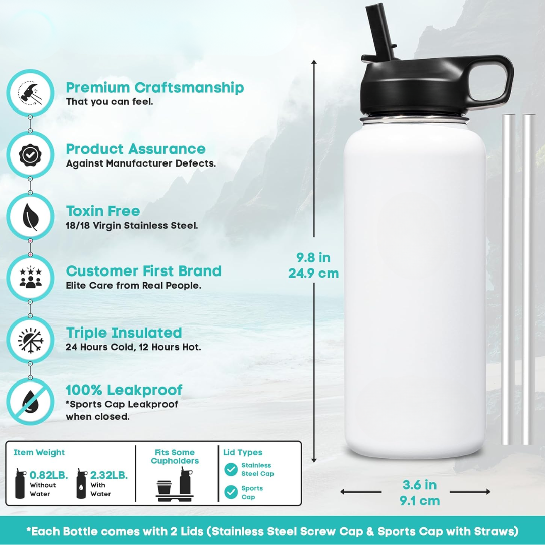 Stainless Steel Insulated Water Bottle with Straw - For Cold & Hot Drinks-400 ml-White-Nora Luxe