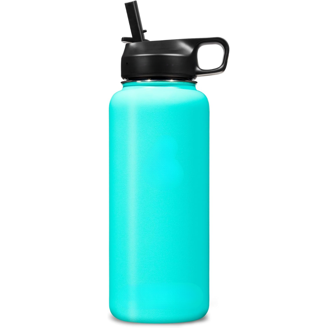 Stainless Steel Insulated Water Bottle with Straw - For Cold & Hot Drinks-950 ml-Blue-green-Nora Luxe