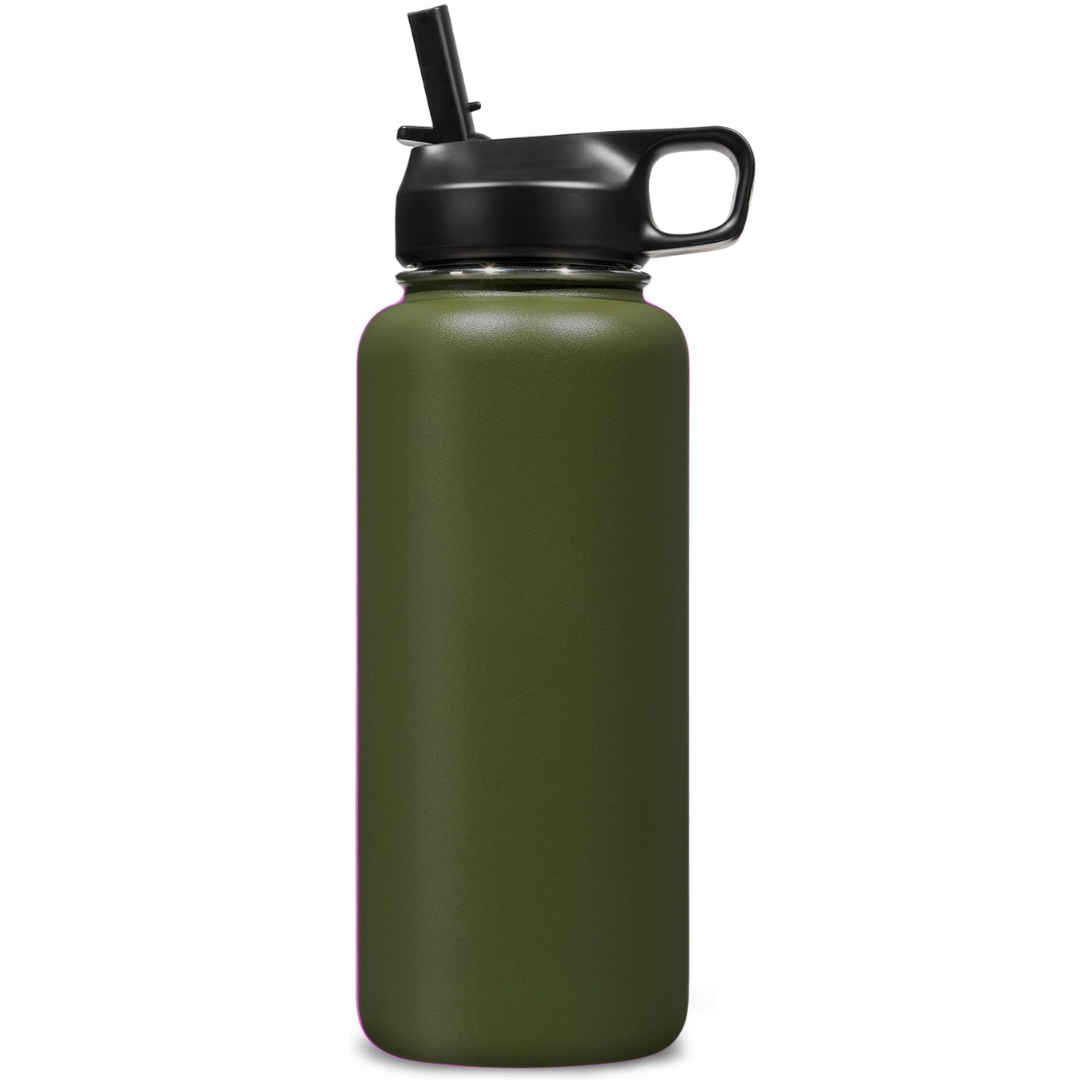 Stainless Steel Insulated Water Bottle with Straw - For Cold & Hot Drinks-950 ml-Olive green-Nora Luxe
