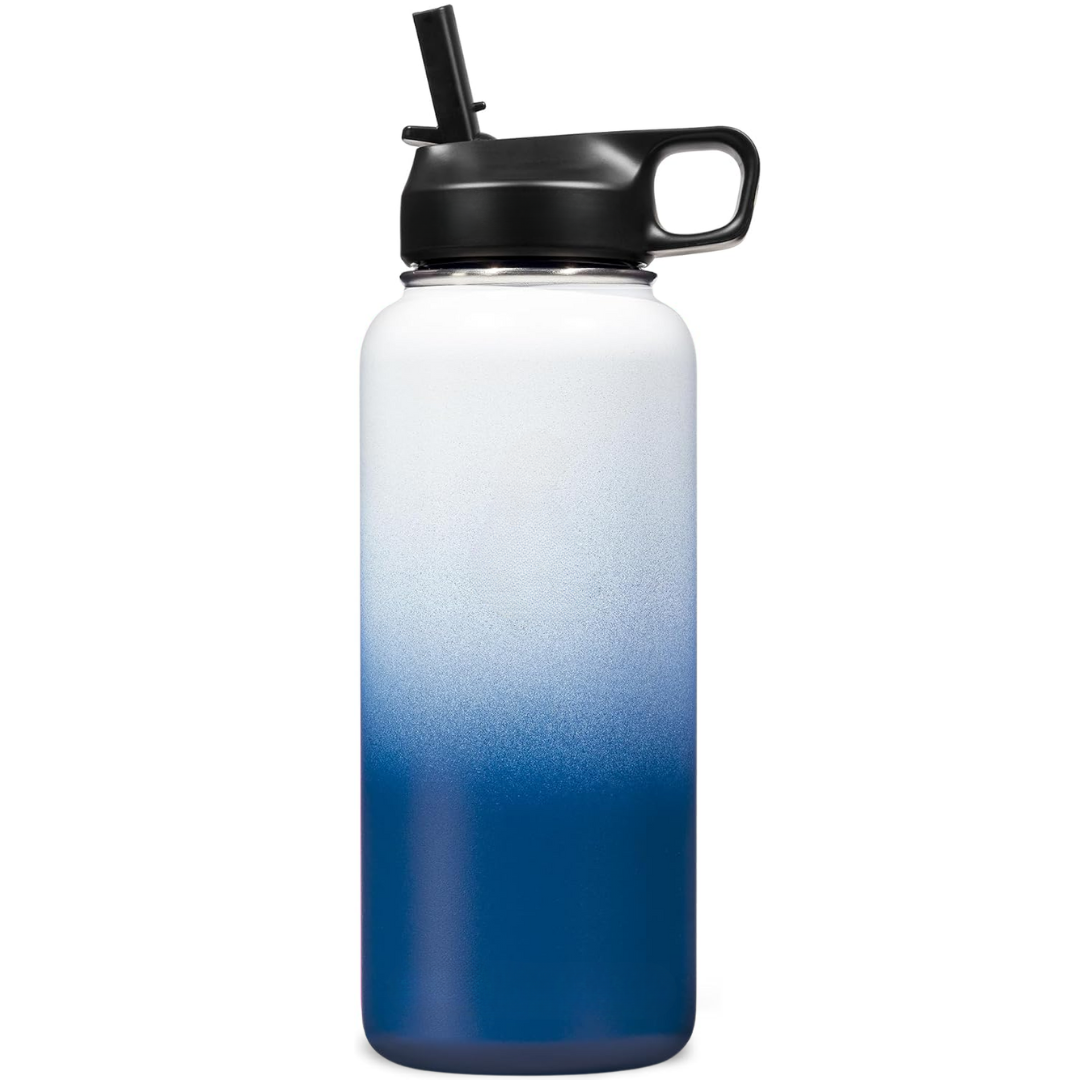 Stainless Steel Insulated Water Bottle with Straw - For Cold & Hot Drinks-950 ml-White-Dark Blue-Nora Luxe